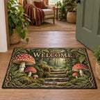 Fly Agaric Moss Stairway Doormat with red mushrooms, mossy stone steps and fern border in a cottage setting
