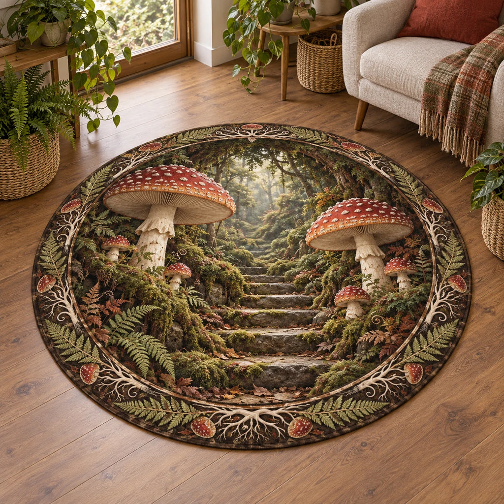 Fly Agaric Moss Stairway Round Mat Rug with red mushrooms, mossy stone steps and fern border in a cottage setting