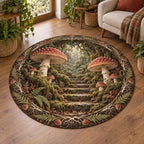 Fly Agaric Moss Stairway Round Mat Rug with red mushrooms, mossy stone steps and fern border in a cottage setting