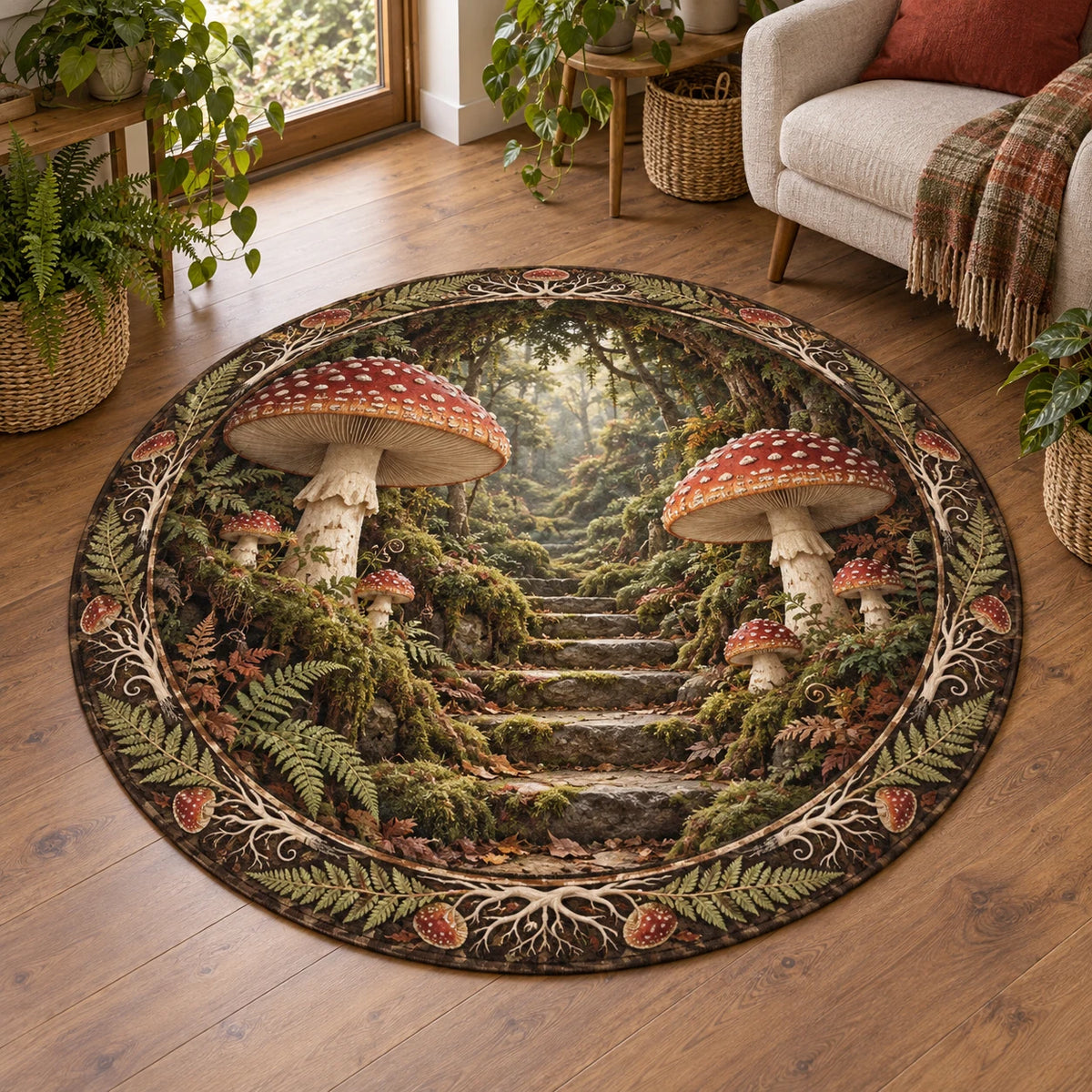 Fly Agaric Moss Stairway Round Mat Rug with red mushrooms, mossy stone steps and fern border in a cottage setting