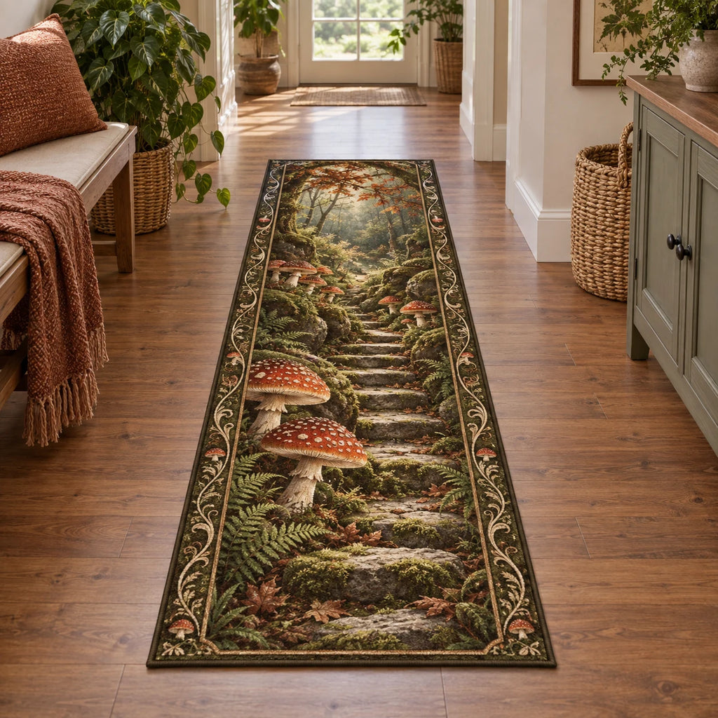 Fly Agaric Moss Stairway Runner Rug with red mushrooms, mossy stone steps and fern border in a cottage setting