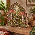 Fly Agaric Moss Stairway Wooden Block 3 Layer with red mushrooms, mossy stone stairway and ferns in a cottage setting