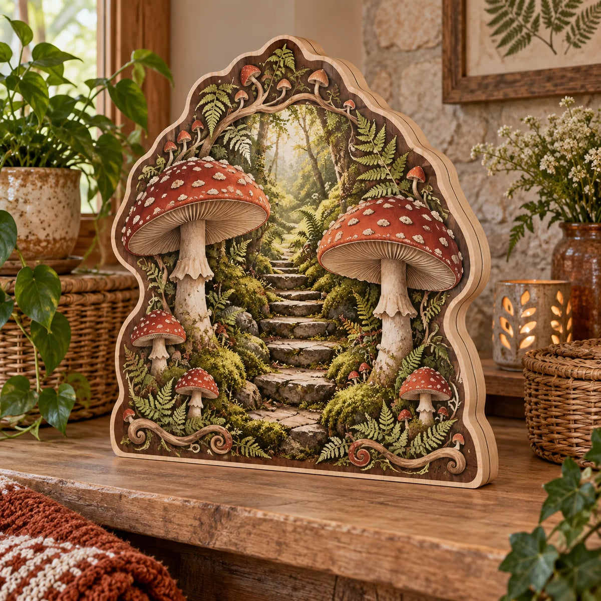 Fly Agaric Moss Stairway Wooden Block 3 Layer with red mushrooms, mossy stone stairway and ferns in a cottage setting