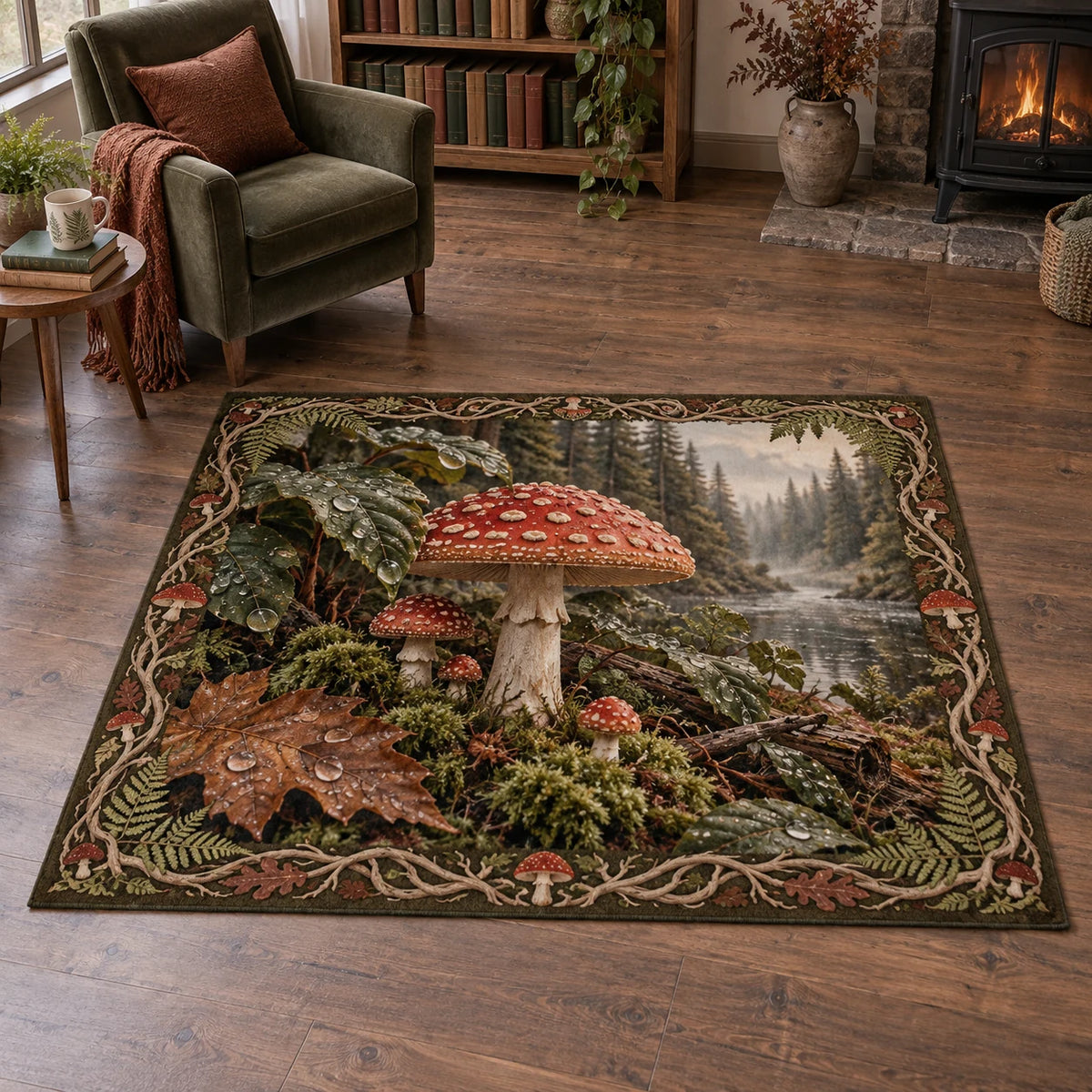 Fly Agaric Rainy Woodland Area Rug with dimensional printed artwork in a matching indoor setting