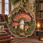 Fly Agaric Rainy Woodland Christmas Ornament with dimensional printed artwork in a matching indoor setting