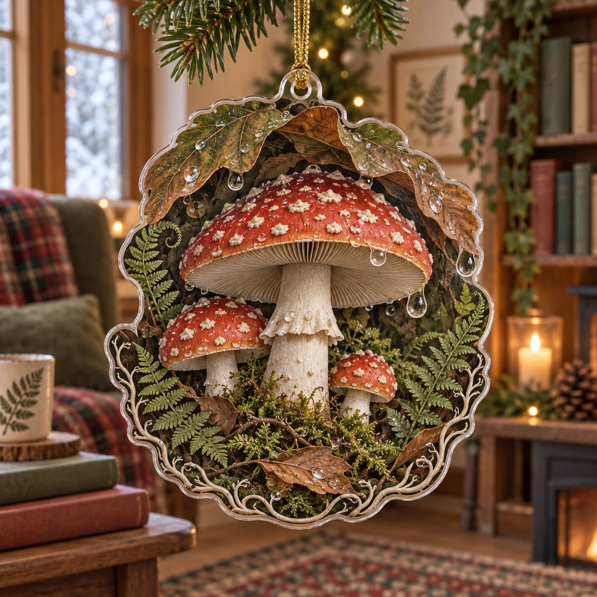 Fly Agaric Rainy Woodland Christmas Ornament with dimensional printed artwork in a matching indoor setting
