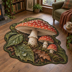 Fly Agaric Rainy Woodland Custom Shape Area Rug with dimensional printed artwork in a matching indoor setting