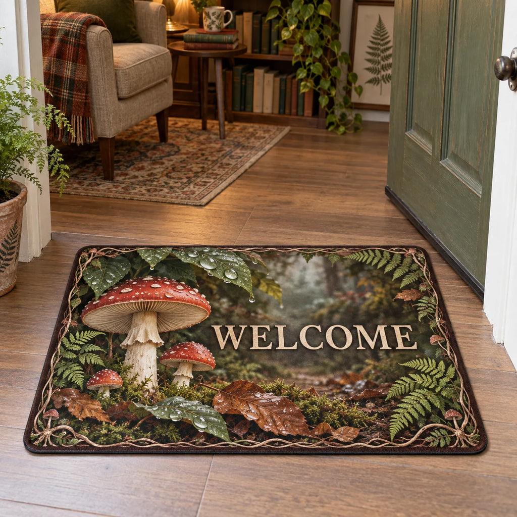 Fly Agaric Rainy Woodland Doormat with dimensional printed artwork in a matching indoor setting