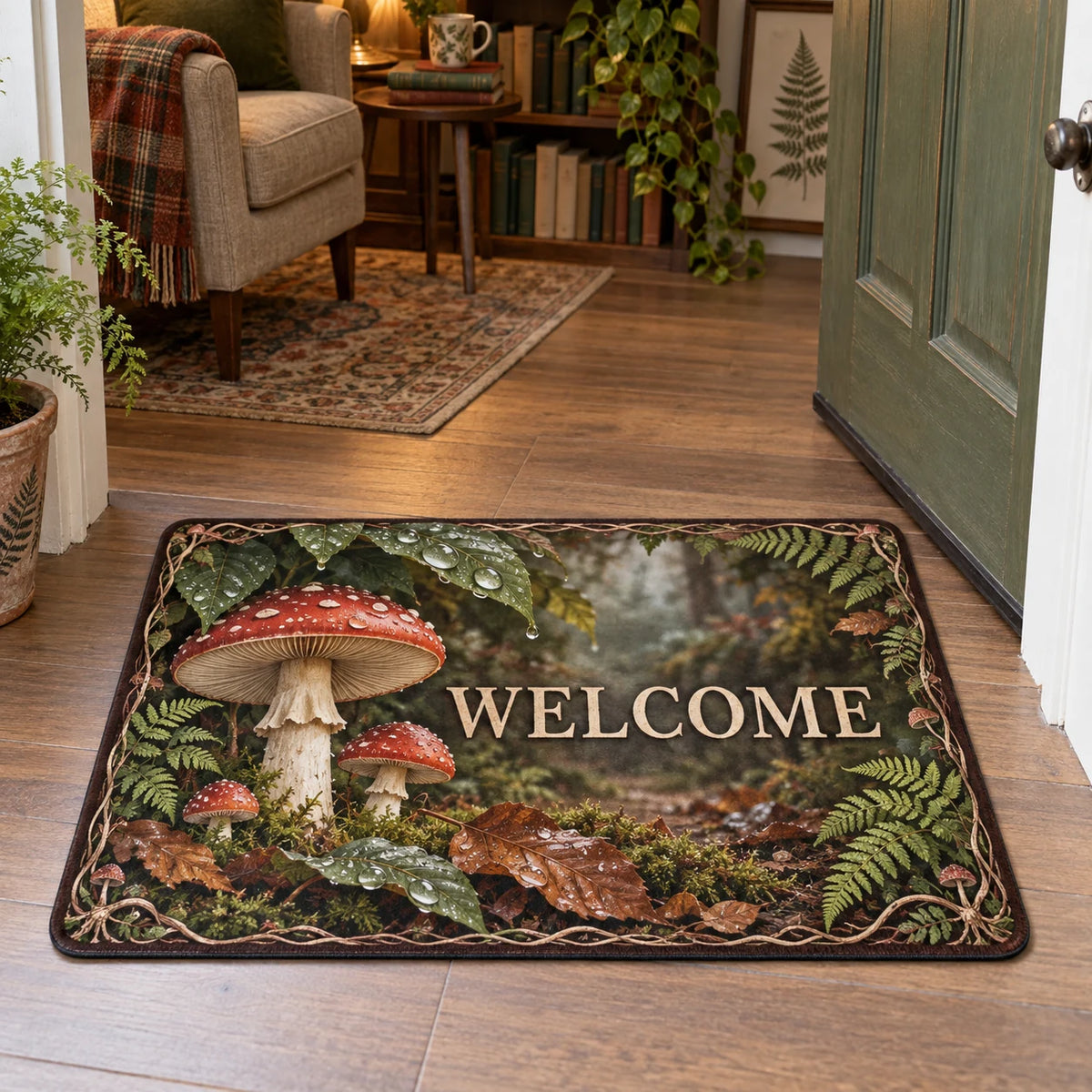 Fly Agaric Rainy Woodland Doormat with dimensional printed artwork in a matching indoor setting
