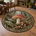 Fly Agaric Rainy Woodland Round Mat Rug with dimensional printed artwork in a matching indoor setting