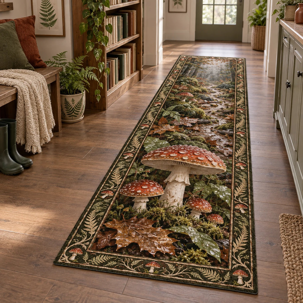 Fly Agaric Rainy Woodland Runner Rug with dimensional printed artwork in a matching indoor setting