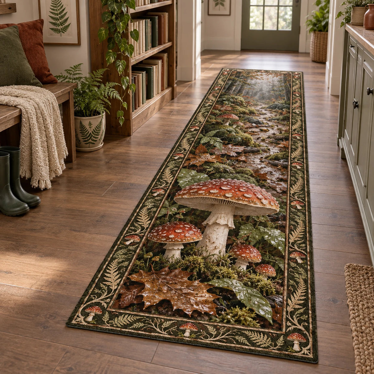 Fly Agaric Rainy Woodland Runner Rug with dimensional printed artwork in a matching indoor setting