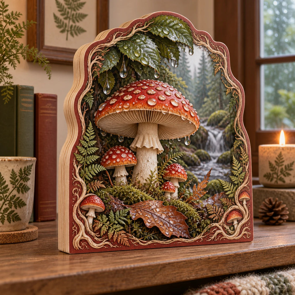 Fly Agaric Rainy Woodland Wooden Block with dimensional printed artwork in a matching indoor setting
