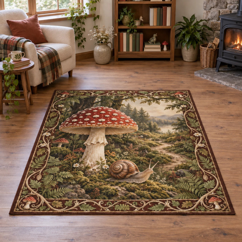 Fly Agaric Snail Companion Area Rug featuring a red spotted mushroom, one snail, moss and fern details.