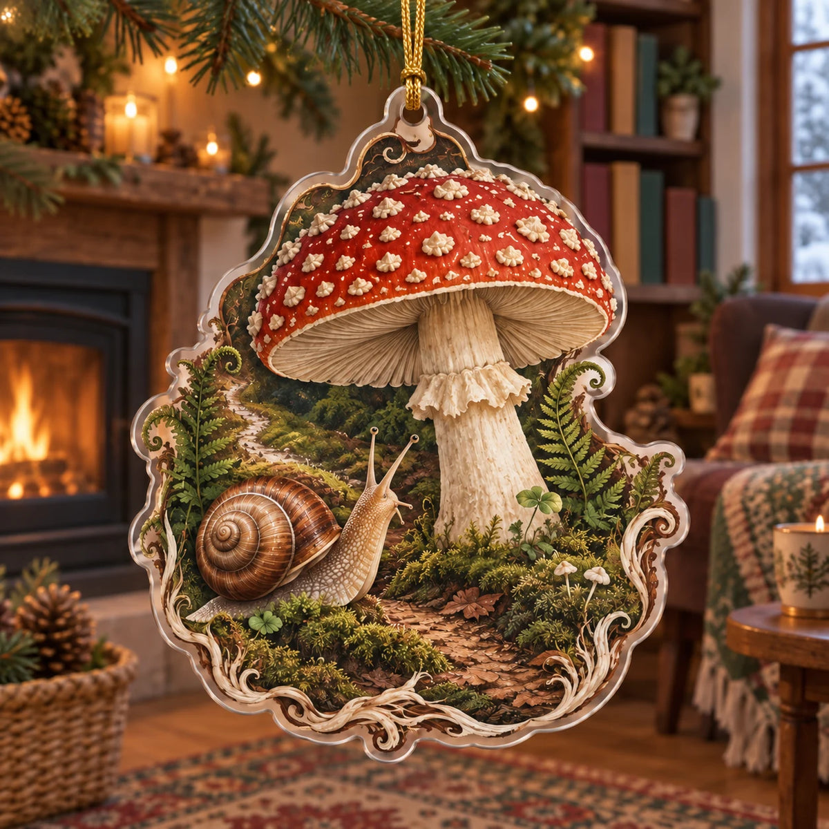 Fly Agaric Snail Companion Christmas Ornament featuring a red spotted mushroom, one snail, moss and fern details.
