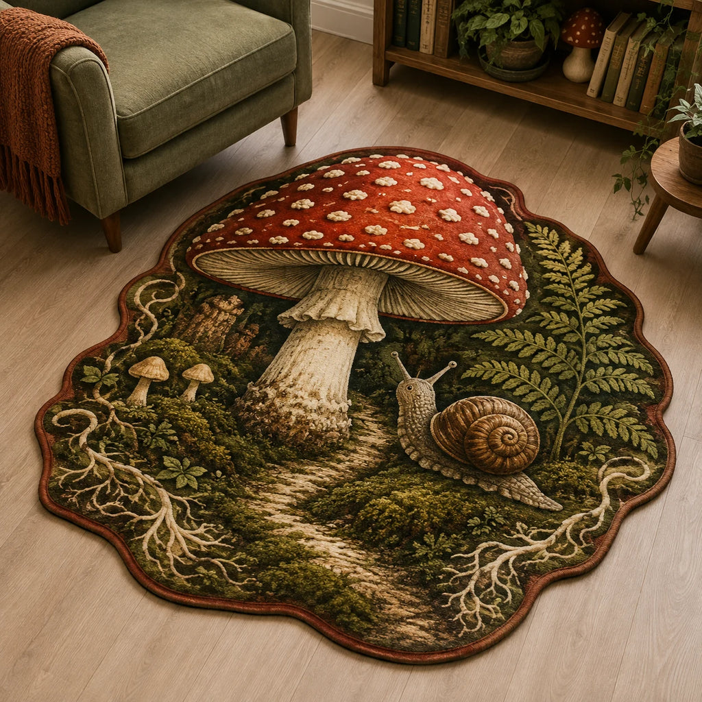 Fly Agaric Snail Companion Custom Shape Area Rug with an original printed 3D effect in a matching room setting