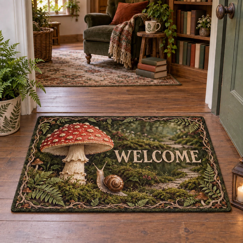 Fly Agaric Snail Welcome Doormat showing a red mushroom, snail and fern framing