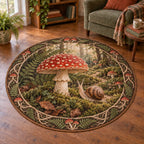 Fly Agaric Snail Companion Round Mat Rug featuring a red spotted mushroom, one snail, moss and fern details.