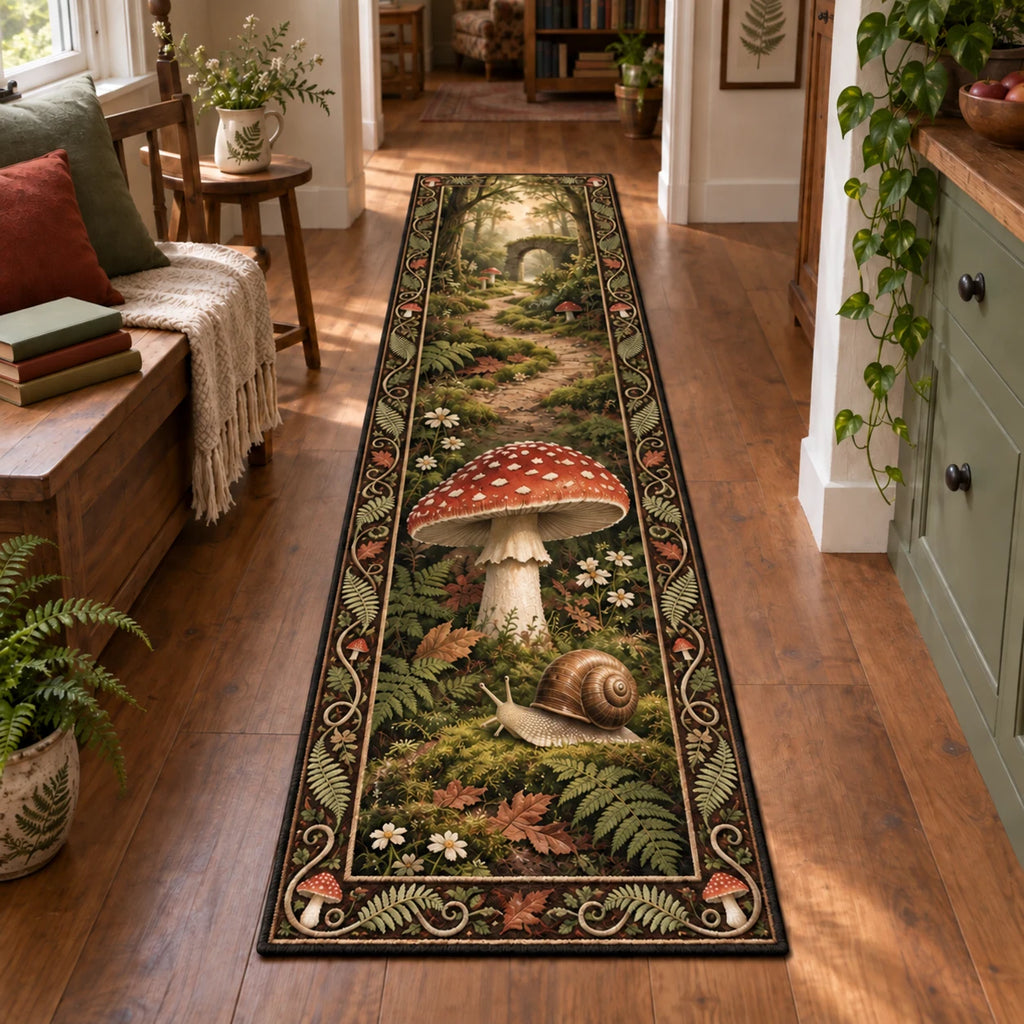 Fly Agaric Snail Companion Runner Rug featuring a red spotted mushroom, one snail, moss and fern details.