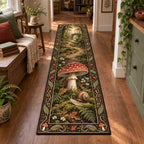 Fly Agaric Snail Companion Runner Rug featuring a red spotted mushroom, one snail, moss and fern details.