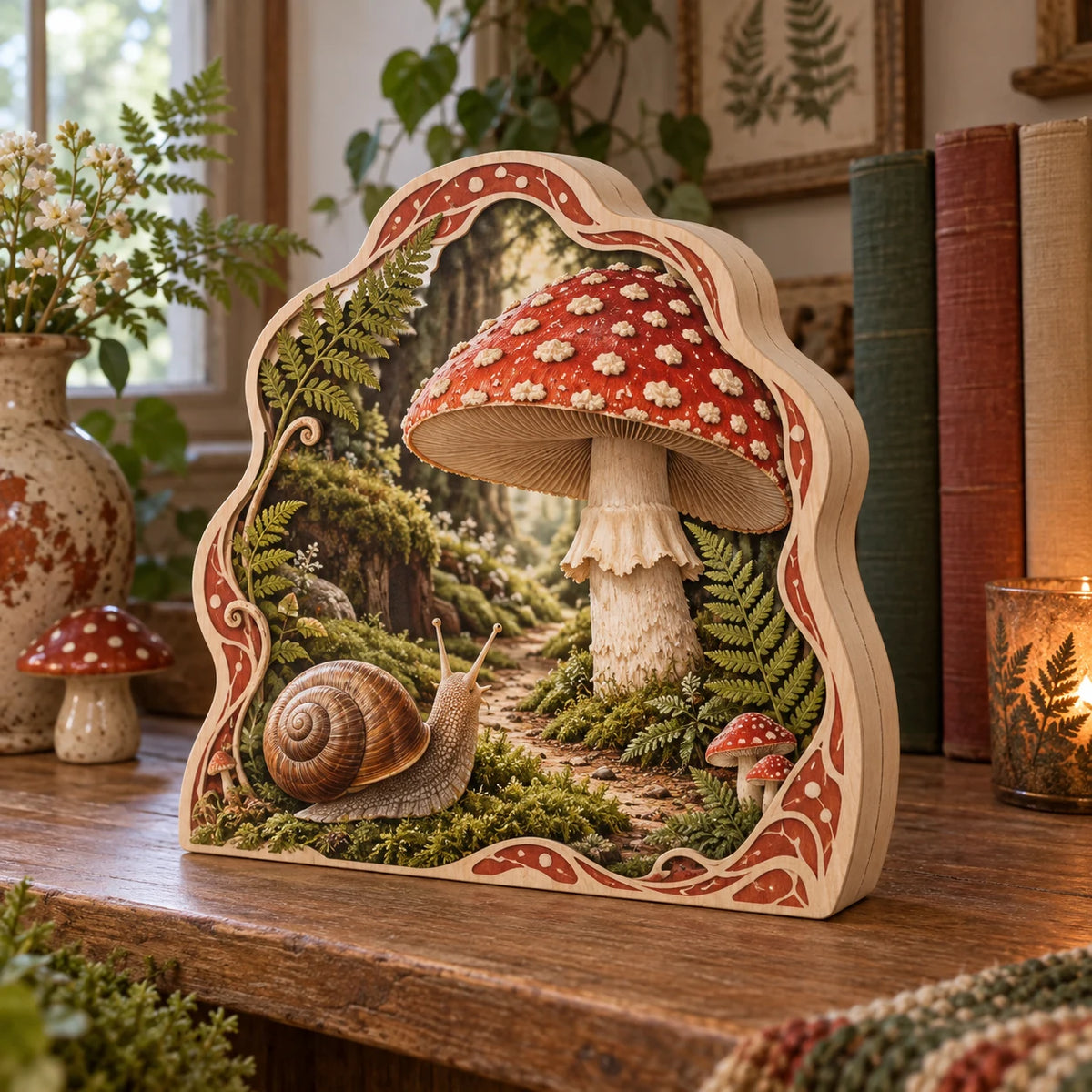 Fly Agaric Snail Wooden Block - 3 Layer Decor showing a red mushroom, snail and fern framing