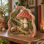 Fly Agaric Snail Wooden Block - 3 Layer Decor showing a red mushroom, snail and fern framing