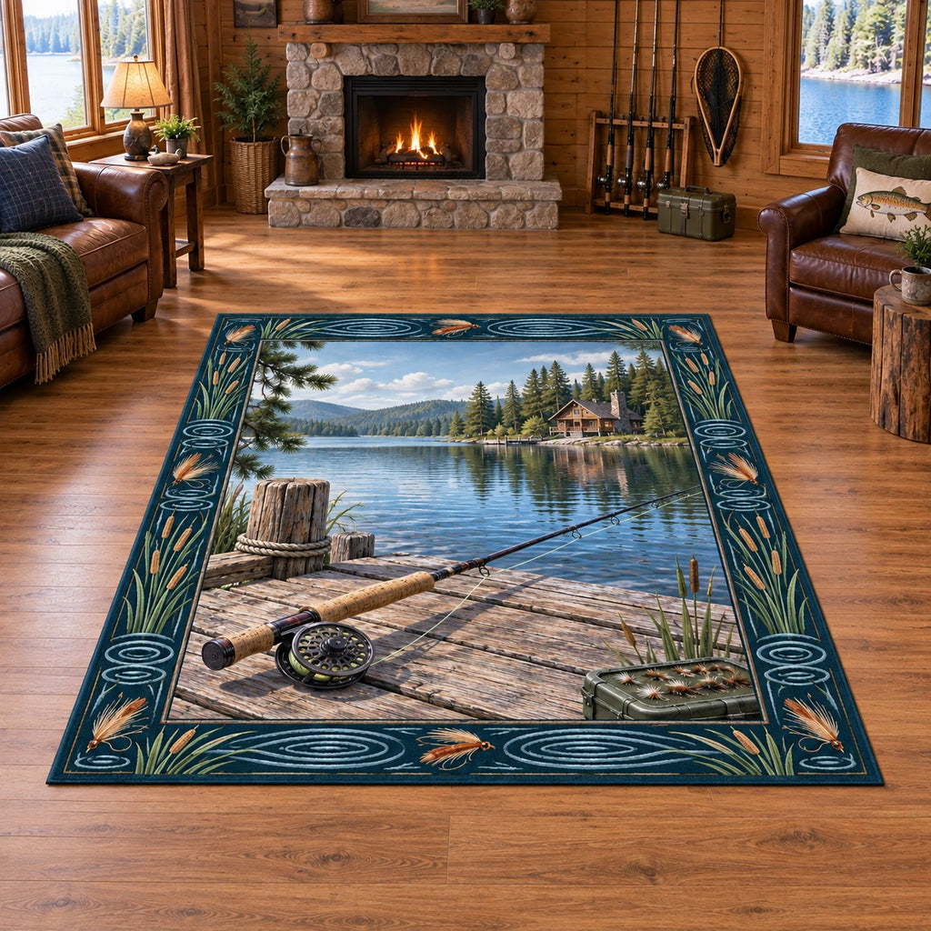 Fly Rod Cabin Dock Area Rug with printed 3D timber dock, fly reel and lake scenery in a matching lifestyle setting.