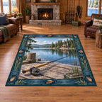 Fly Rod Cabin Dock Area Rug with printed 3D timber dock, fly reel and lake scenery in a matching lifestyle setting.