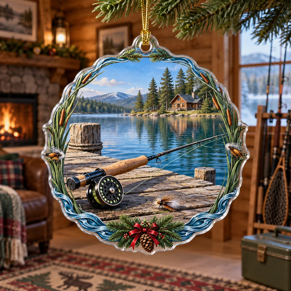 Fly Rod Cabin Dock Christmas Ornament with printed 3D timber dock, fly reel and lake scenery in a matching lifestyle setting.