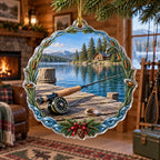 Fly Rod Cabin Dock Christmas Ornament with printed 3D timber dock, fly reel and lake scenery in a matching lifestyle setting.