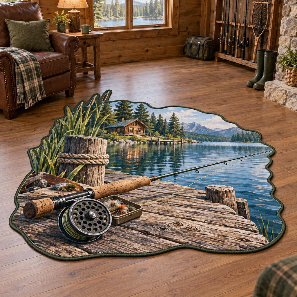 Fly Rod Cabin Dock Custom Shape Area Rug with printed 3D depth and a coordinated niche-inspired lifestyle setting.