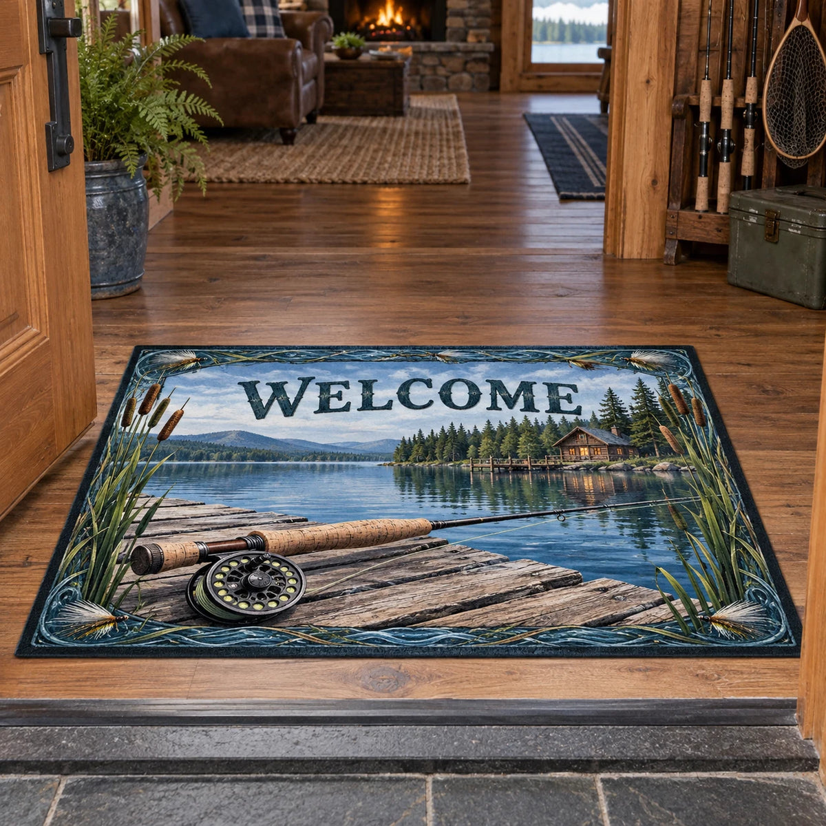 Fly Rod Cabin Dock Doormat with printed 3D timber dock, fly reel and lake scenery in a matching lifestyle setting.