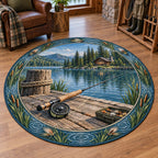 Fly Rod Cabin Dock Round Mat Rug with printed 3D timber dock, fly reel and lake scenery in a matching lifestyle setting.