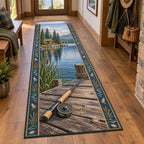 Fly Rod Cabin Dock Runner Rug with printed 3D timber dock, fly reel and lake scenery in a matching lifestyle setting.