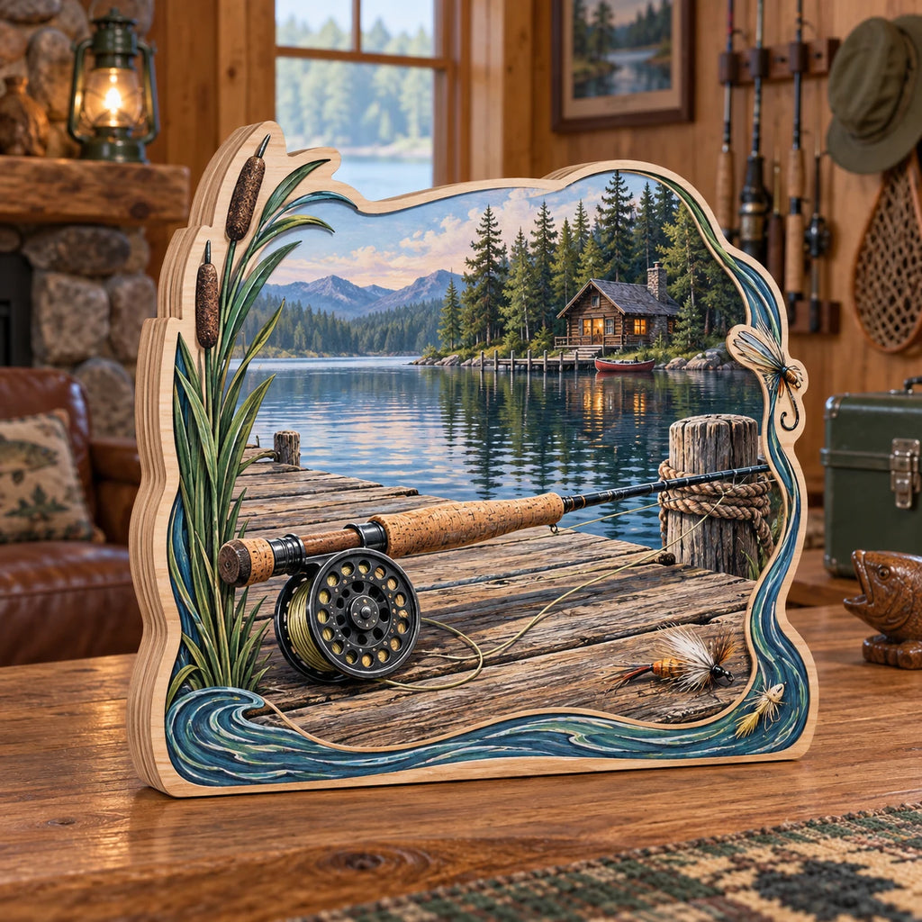 Fly Rod Cabin Dock Wooden Block 3 Layer with printed 3D depth and a coordinated niche-inspired lifestyle setting.