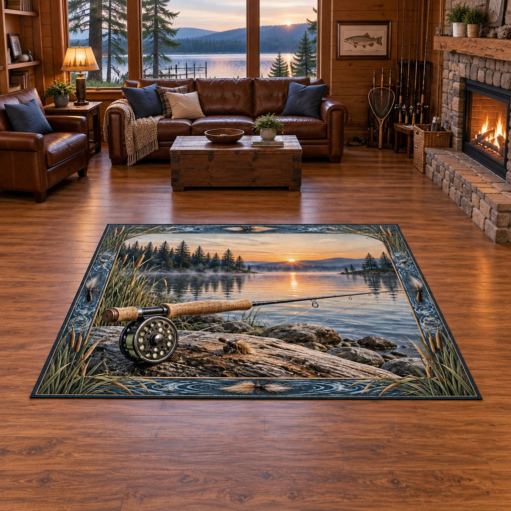 Fly Fishing Dawn Area Rug with dimensional printed scenery in a coordinated indoor setting