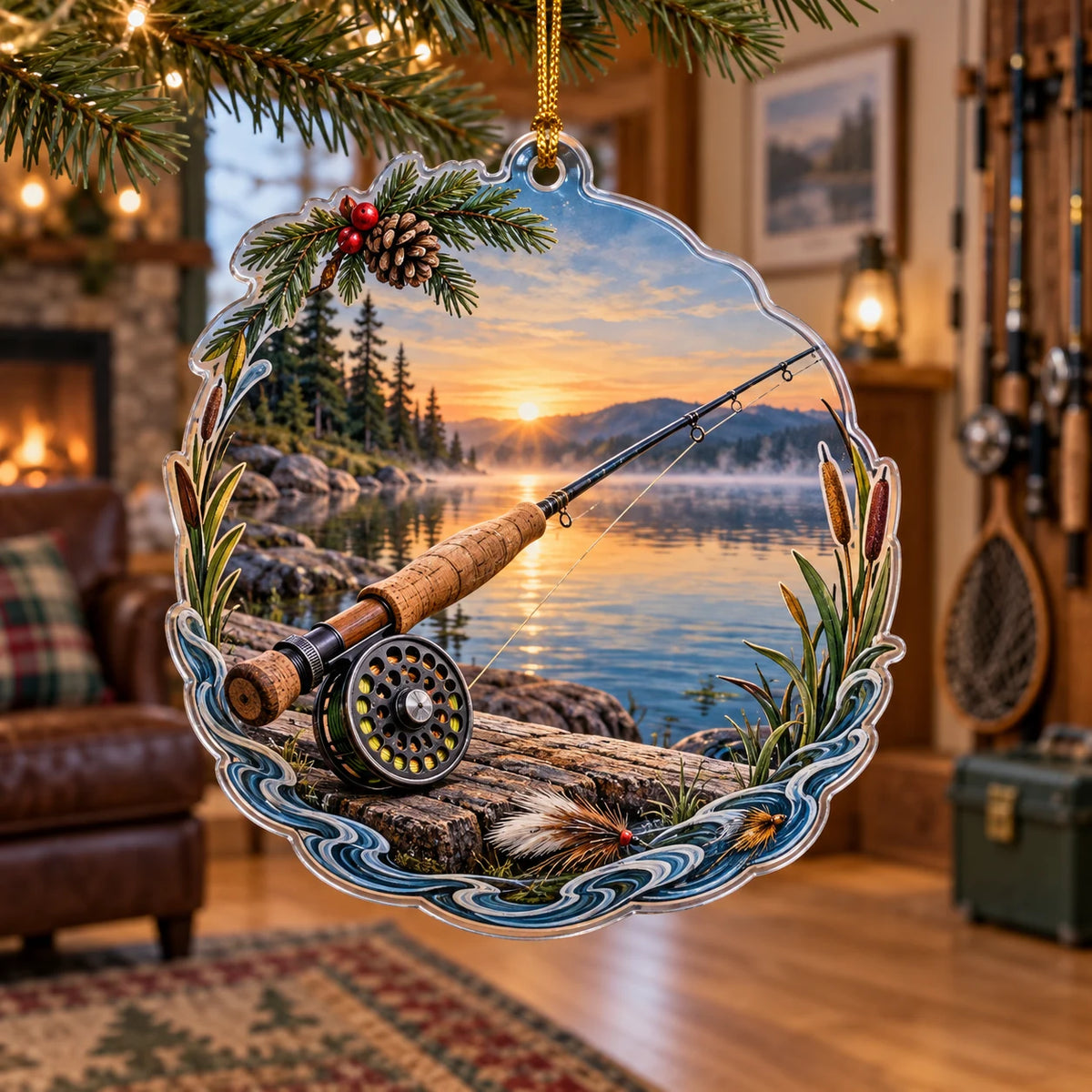 Fly Fishing Dawn Christmas Ornament with dimensional printed artwork in a coordinated indoor setting