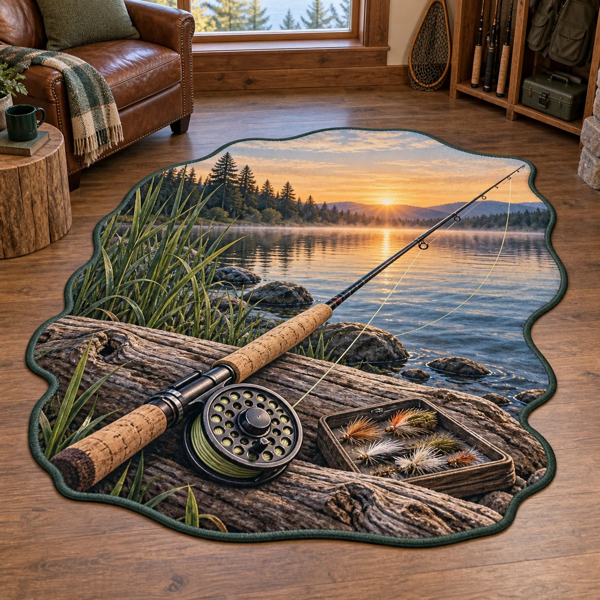 Fly Fishing Custom Shape Area Rug with dimensional printed artwork in a coordinated indoor setting