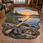 Fly Fishing Custom Shape Area Rug with dimensional printed artwork in a coordinated indoor setting