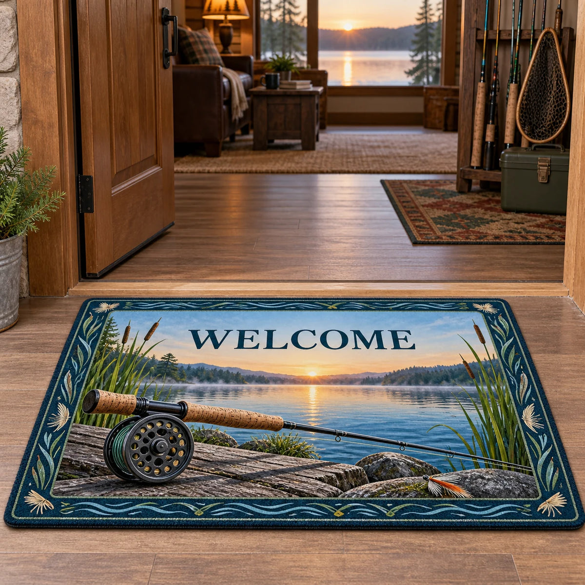 Fly Fishing Welcome Doormat with dimensional printed artwork in a coordinated indoor setting