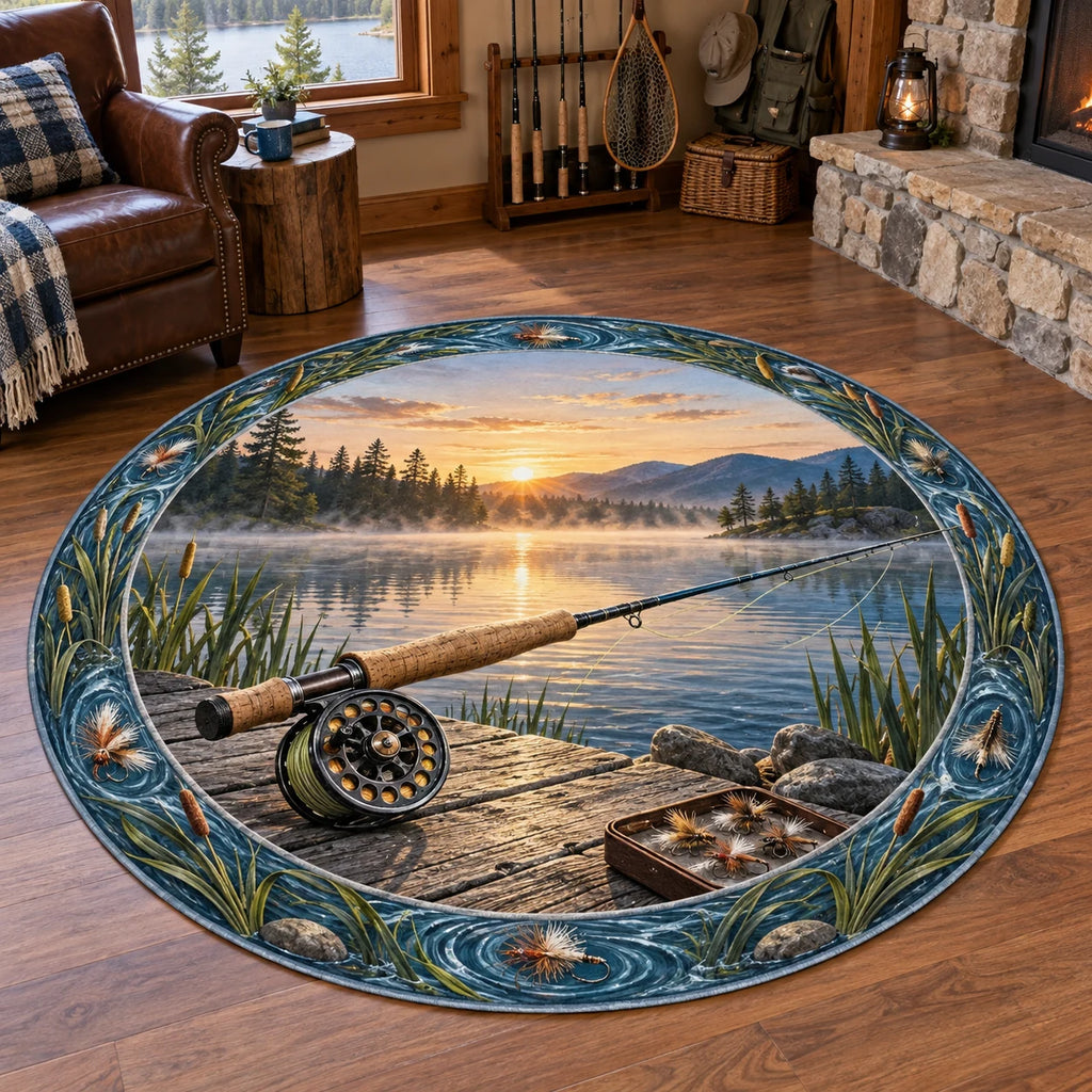 Fly Fishing Dawn Round Mat Rug with dimensional printed scenery in a coordinated indoor setting