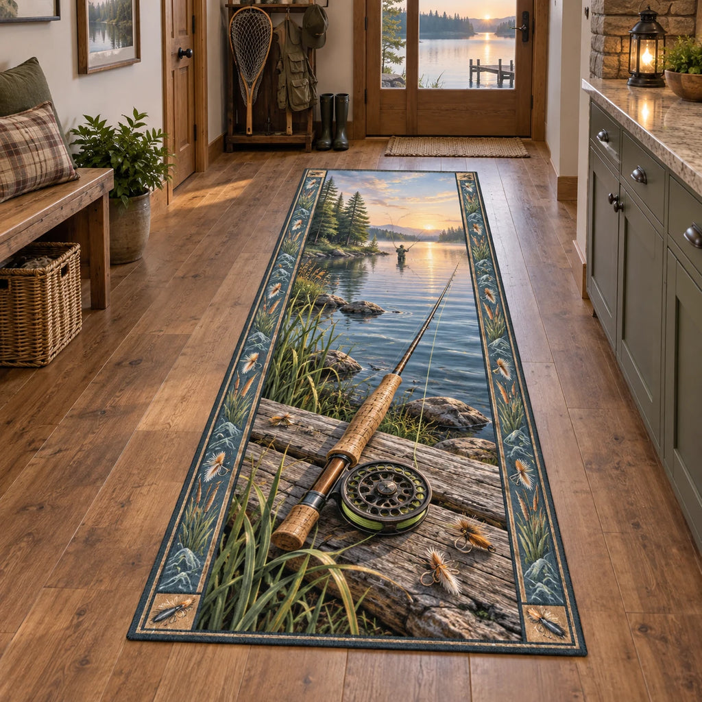 Fly Fishing Dawn Runner Rug with dimensional printed artwork in a coordinated indoor setting