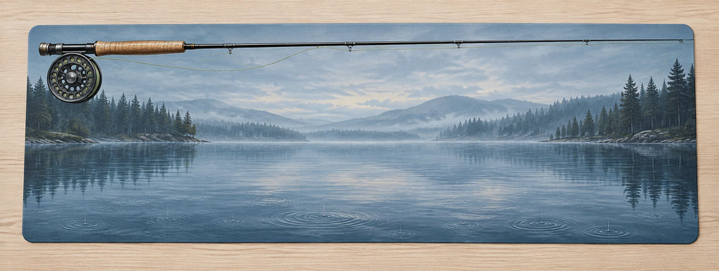 Fly Rod Rainy Lake Desk Mat with printed dimensional artwork