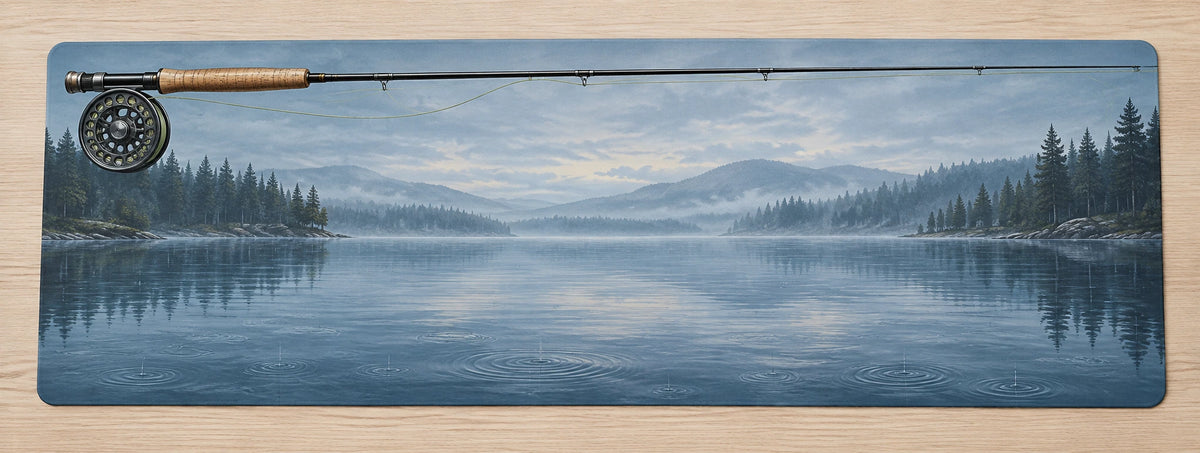 Fly Rod Rainy Lake Desk Mat with printed dimensional artwork