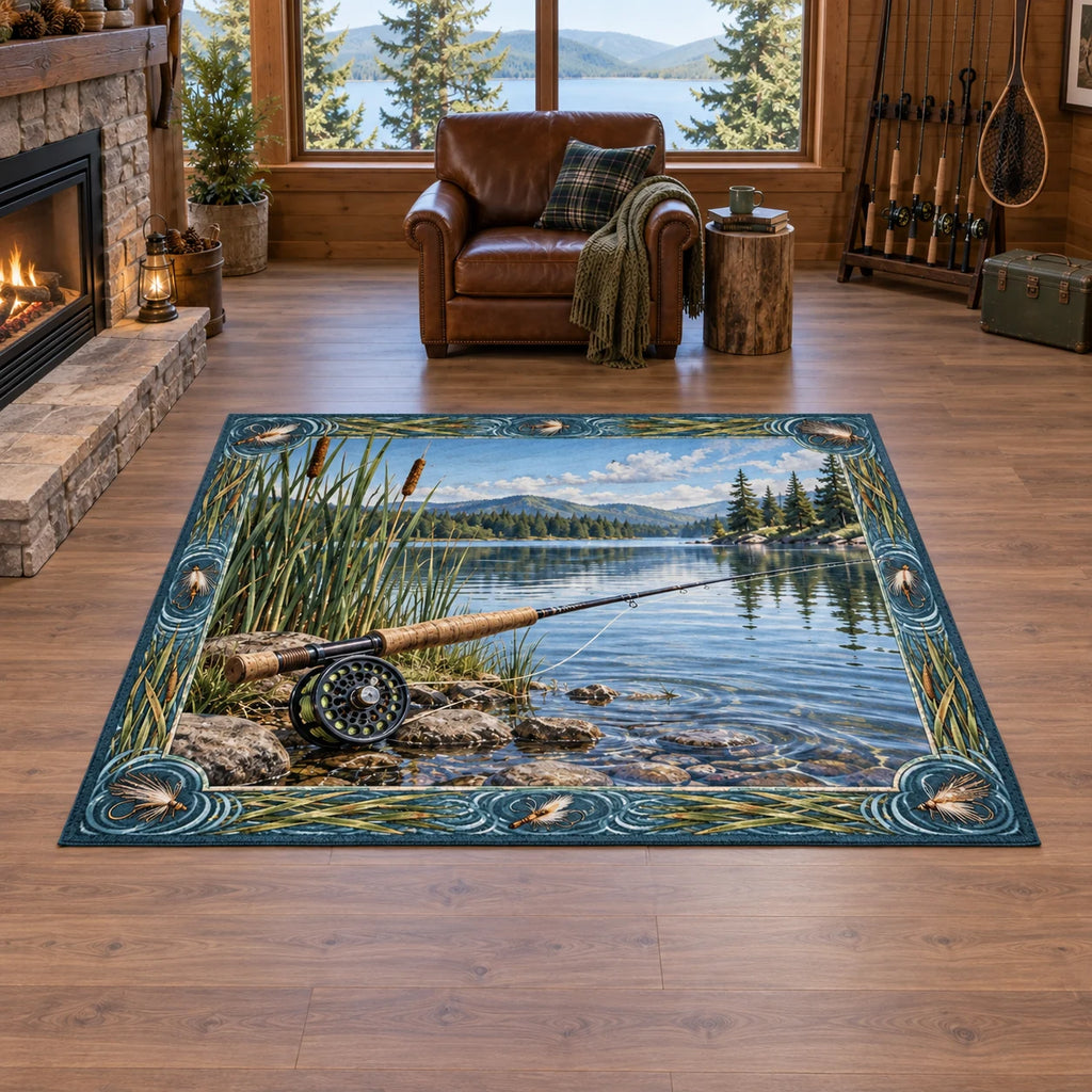 Fly Rod Reed Cove Area Rug with printed depth and a matching reed and ripple border in a lake-house setting