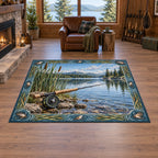 Fly Rod Reed Cove Area Rug with printed depth and a matching reed and ripple border in a lake-house setting