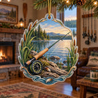 Fly Rod Reed Cove Christmas Ornament with printed depth and a matching reed and ripple border in a lake-house setting