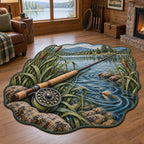 Fly Rod Reed Cove Custom Shape Area Rug with a fly rod, reed cove and a matching lake-house setting