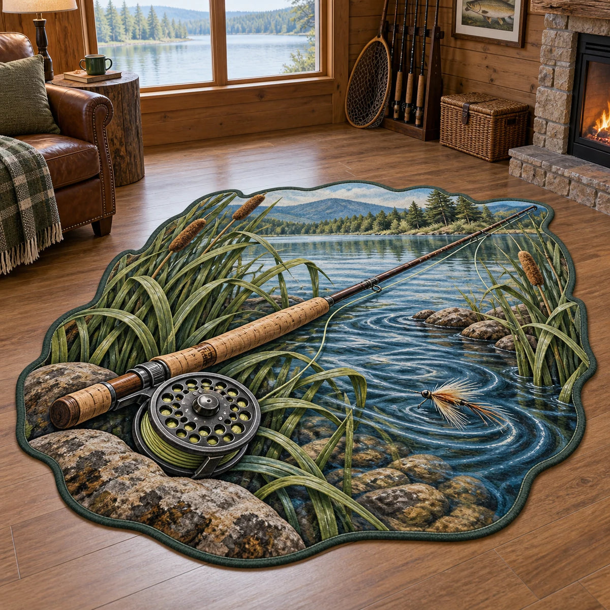 Fly Rod Reed Cove Custom Shape Area Rug with a fly rod, reed cove and a matching lake-house setting