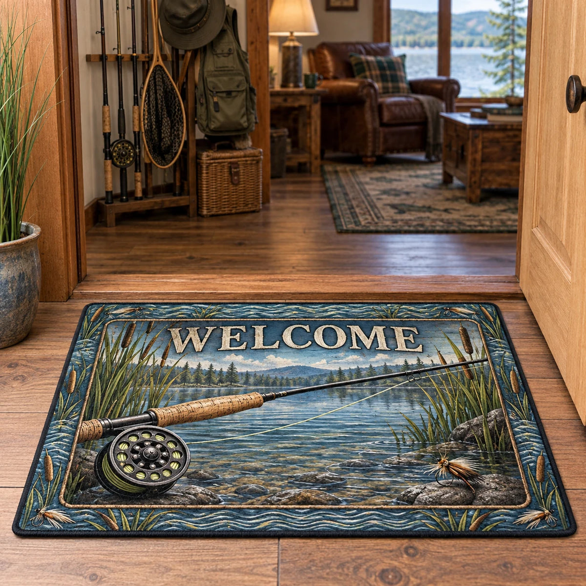 Fly Rod Reed Cove Doormat with a fly rod, reed cove and a matching lake-house setting